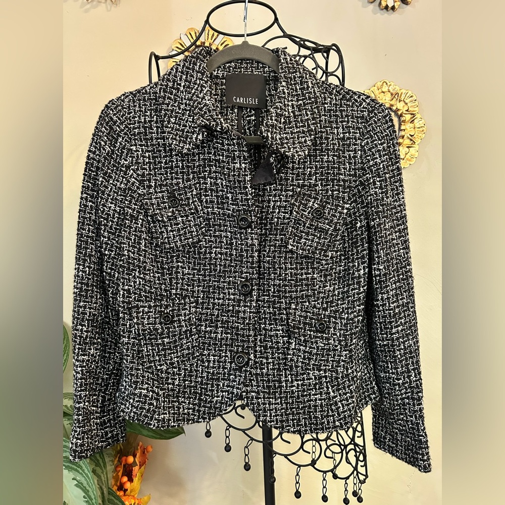 Carlisle Women's Wool & Silk Blend Black & White Tweed Blazer Sz 8 Quiet Luxury